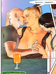 While boy going to restroom his wife flirt with two guys cuckold comics